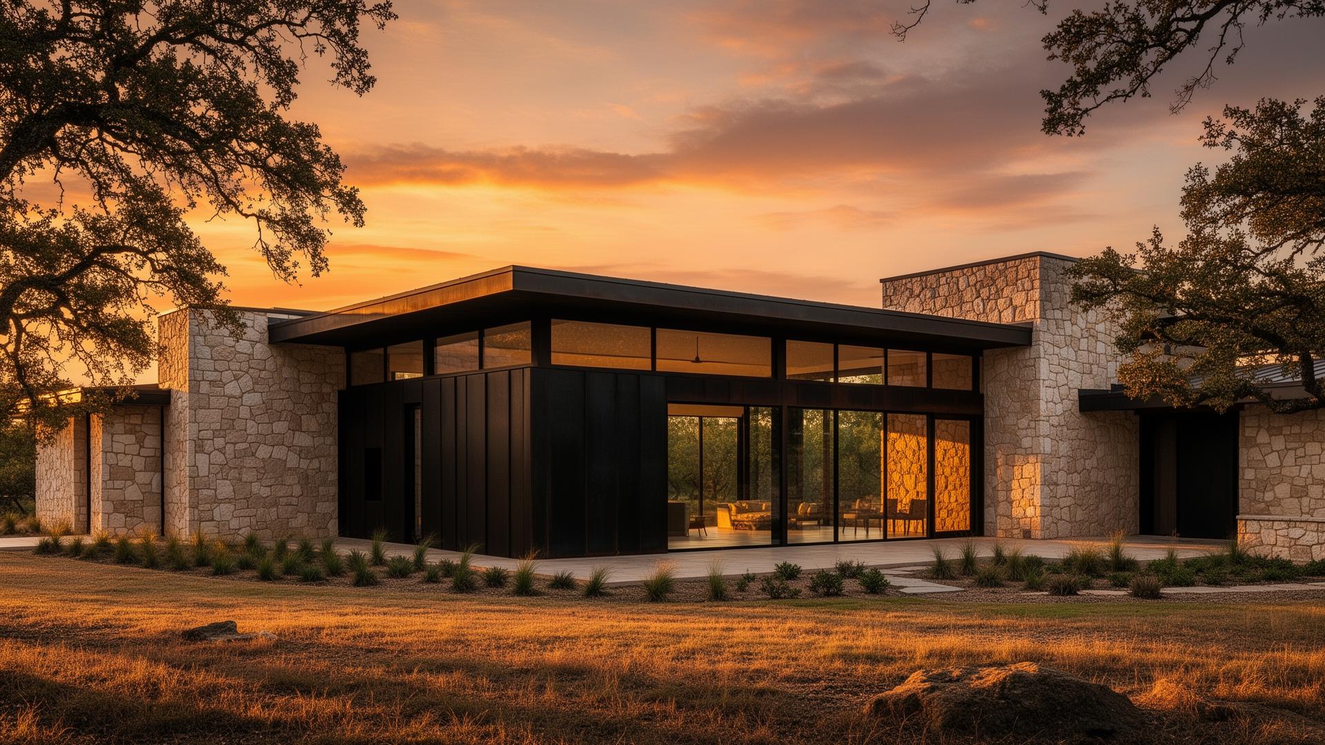 Modern Texas Hill Country home at golden hour with limestone and steel
